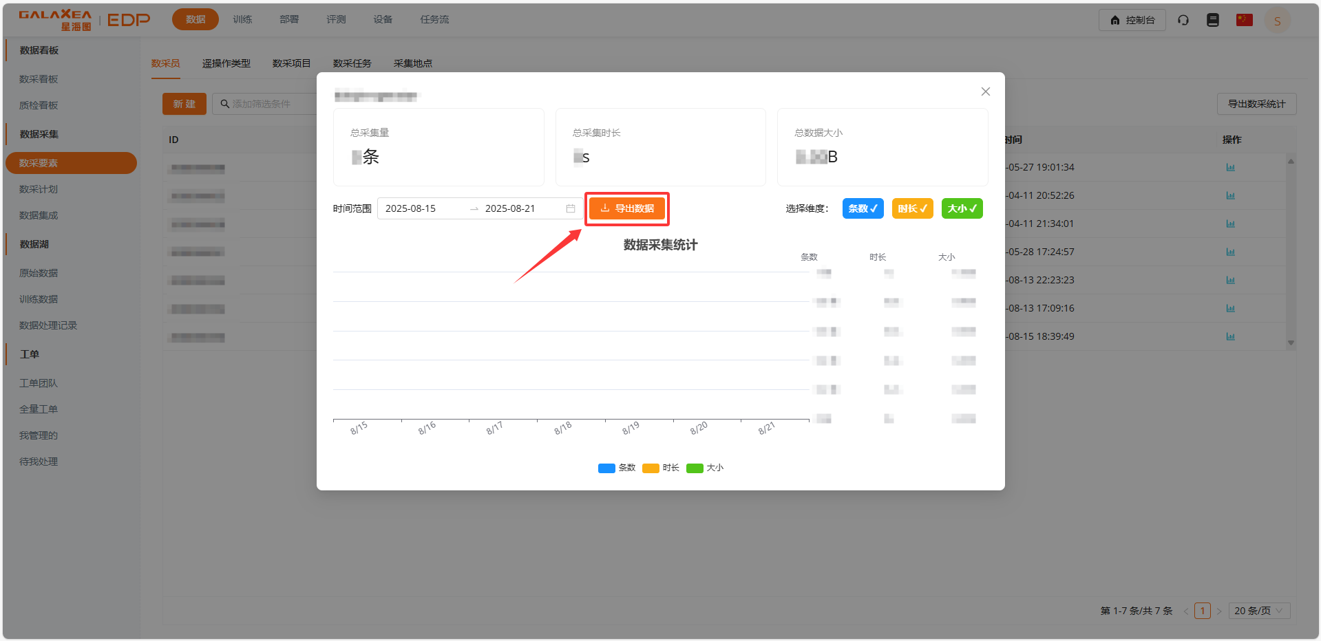 点击导出数据按钮